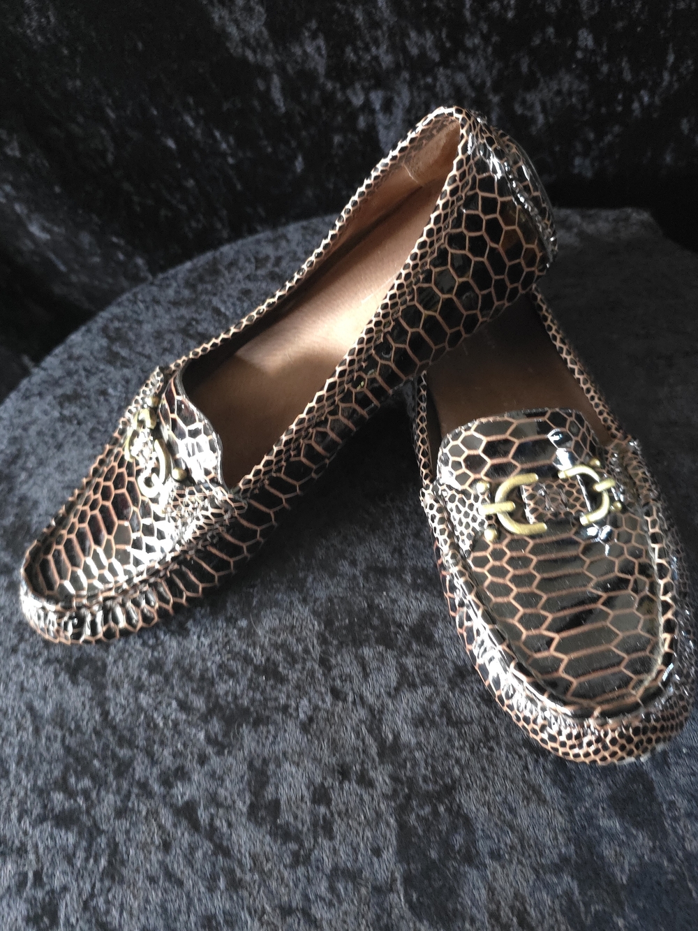 Donald J. Pliner Bronze Metallic Snake-Embossed Loafers with Gold Buckle - Picture 7 of 8